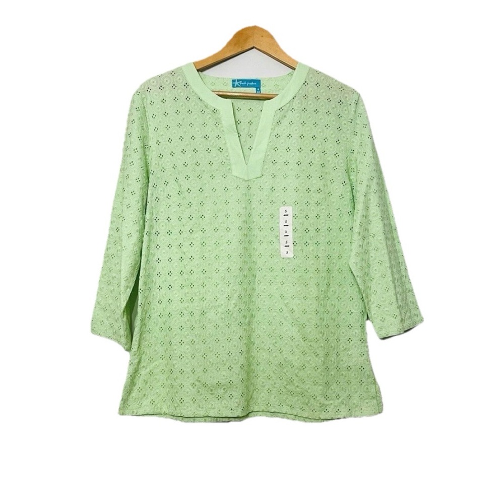 Fresh Produce Eyelet 3/4 Sleeve Tunic Shirt Pastel Green Coastal Beach NWT S/M